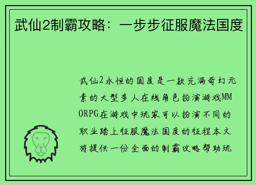 武仙2制霸攻略:一步步征服魔法国度